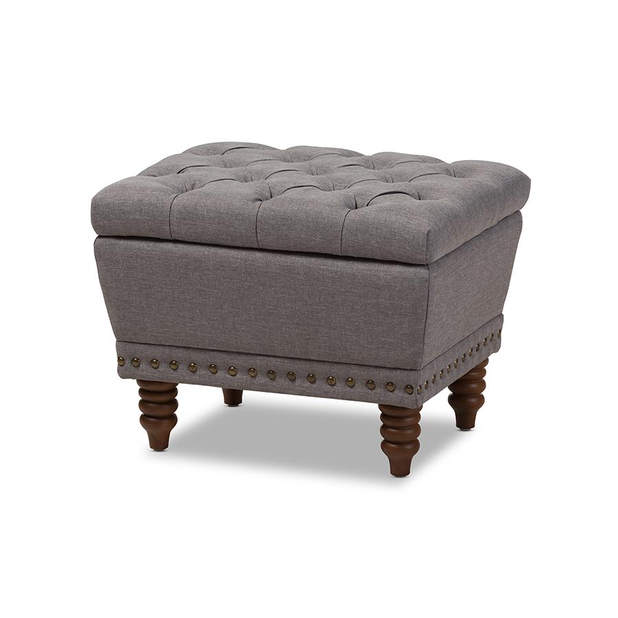 Light Grey Fabric Upholstered Walnut Wood Finished Button-Tufted Storage Ottoman