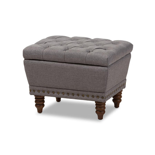 Light Grey Fabric Upholstered Walnut Wood Finished Button-Tufted Storage Ottoman