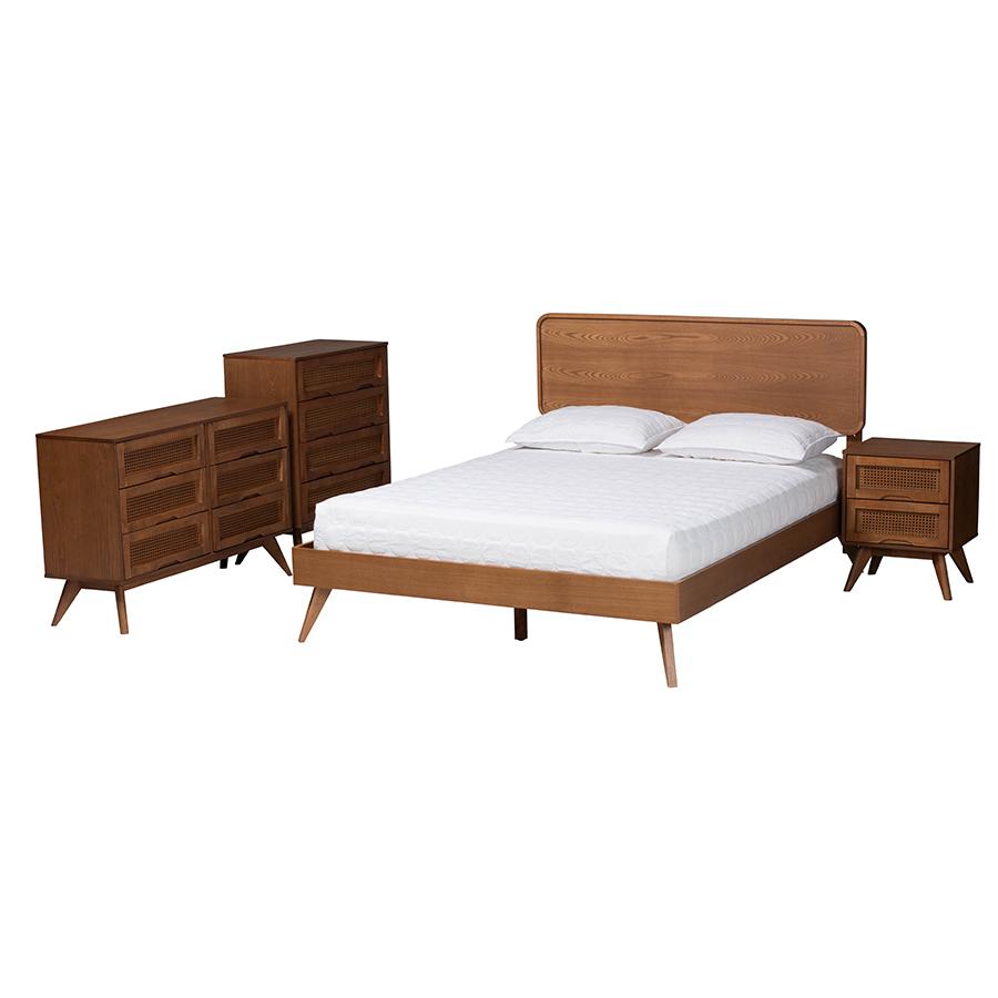 Mid-Century Modern Walnut Brown Finished Wood King Size 4-Piece Bedroom Set