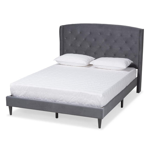 Grey Velvet Fabric and Dark Brown Finished Wood Queen Size Platform Bed