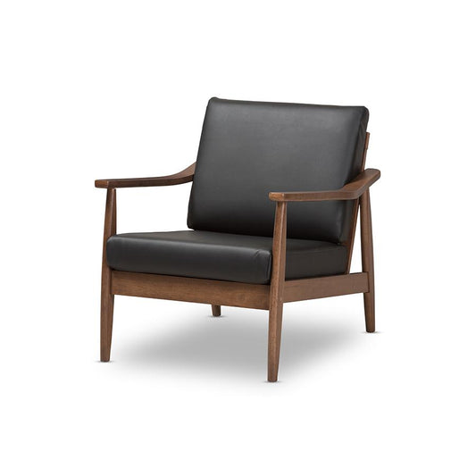 Venza Mid-Century Modern Walnut Wood Black Faux Leather Lounge Chair