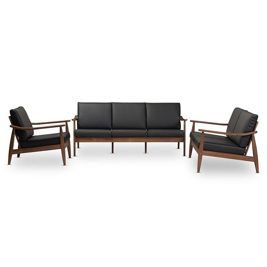 Venza Mid-Century Modern Walnut Wood Black Faux Leather 3-Piece Livingroom Set