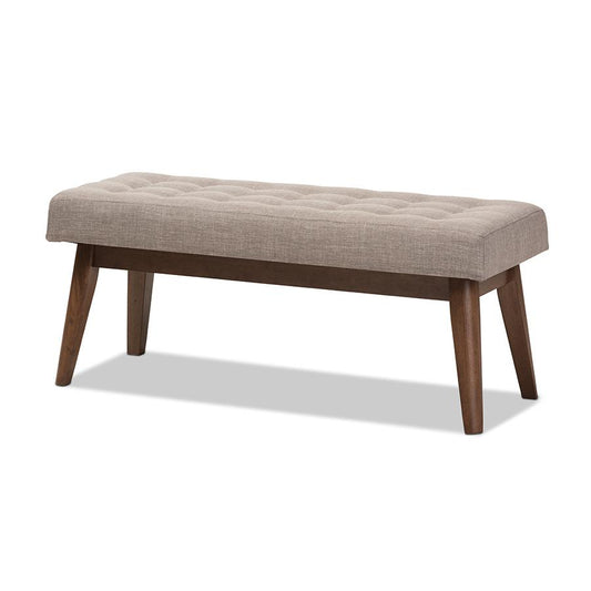 Elia Mid-Century Modern Walnut Wood Light Grey Fabric Button-Tufted Bench