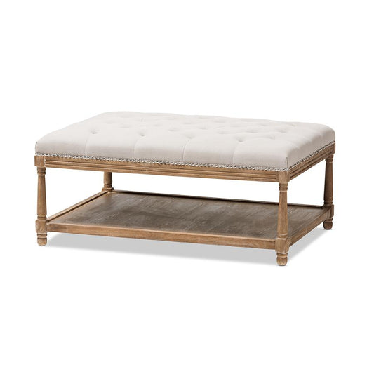 Country Weathered Oak Beige Linen Rectangular Coffee Table Ottoman