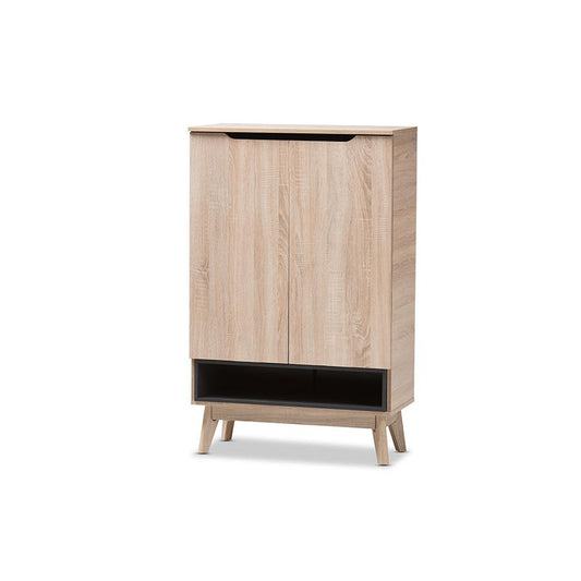 Baxton Studio Fella Mid-Century Modern Two-Tone Oak and Grey Wood Shoe Cabinet