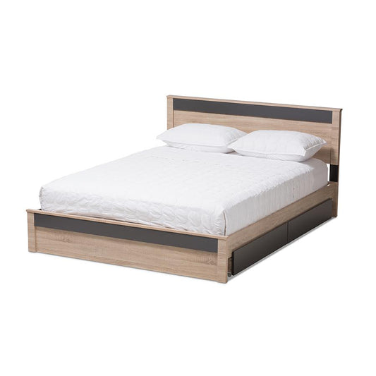 Two-Tone Oak and Grey Wood Queen 2-Drawer Queen Size Storage Platform Bed