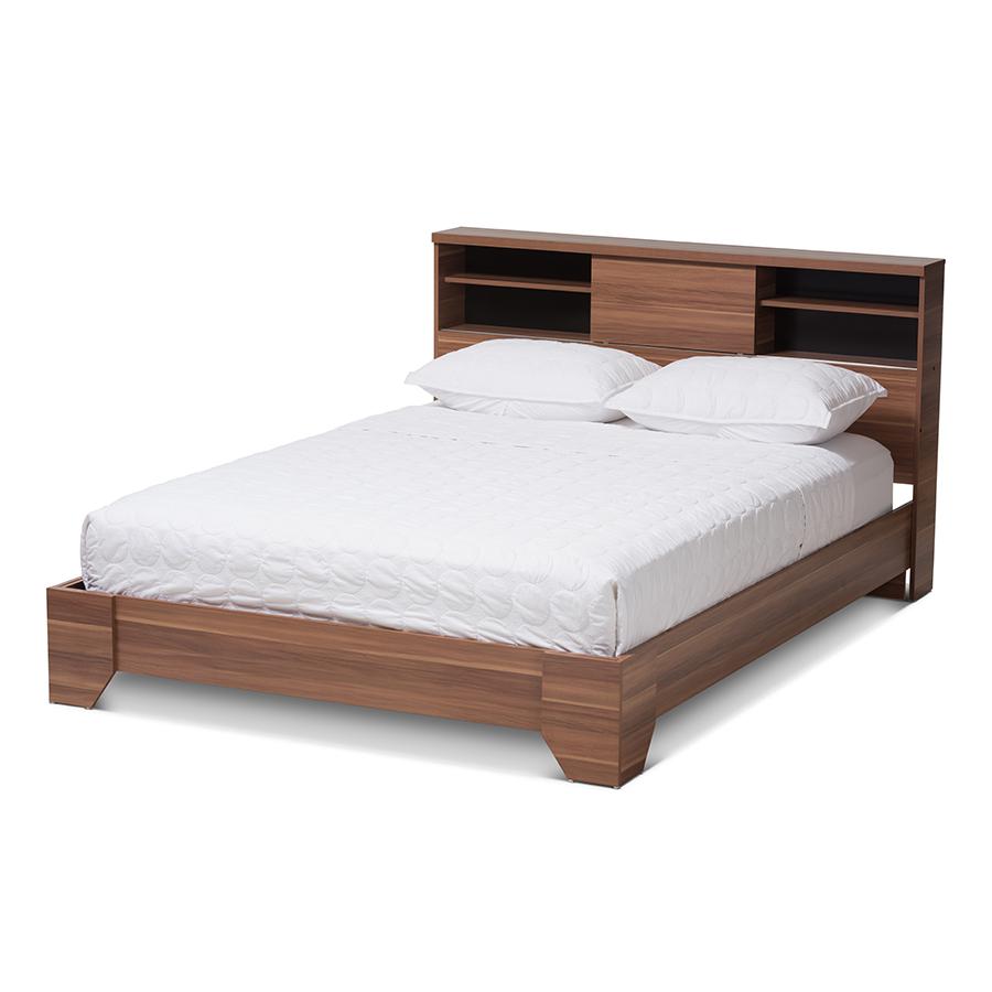 Two-Tone Walnut and Black Wood Queen Size Platform Bed