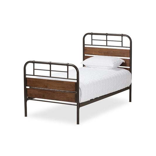 Industrial Black Bronze Finished Metal Coco Brown Wood Twin Size Platform Bed