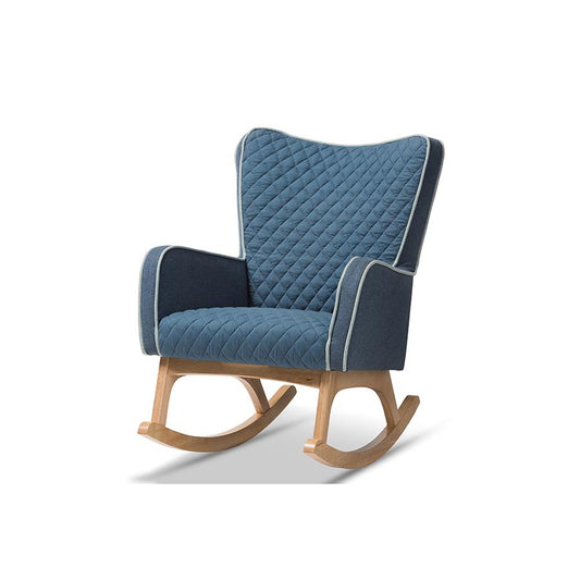 Zoelle Mid-Century Modern Blue Fabric Upholstered Natural Finished Rocking Chair