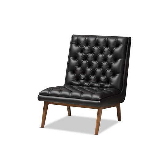 Leather Upholstered Walnut Finished Wood Lounge Chair