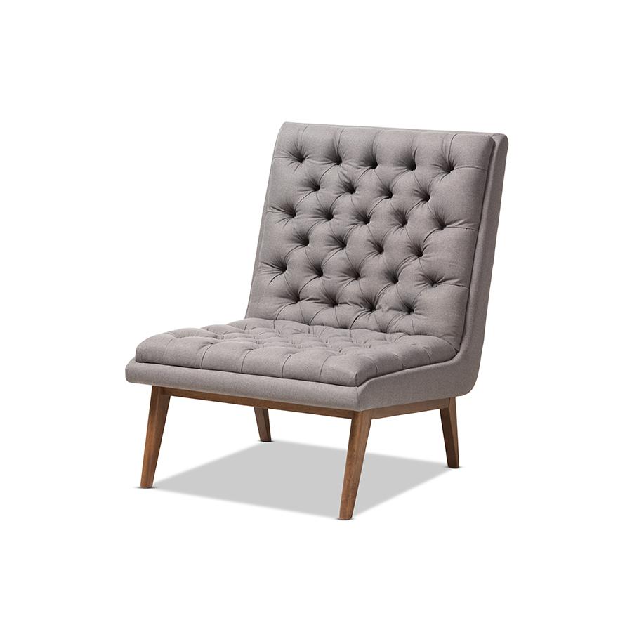 Grey Fabric Upholstered Walnut Finished Wood Lounge Chair