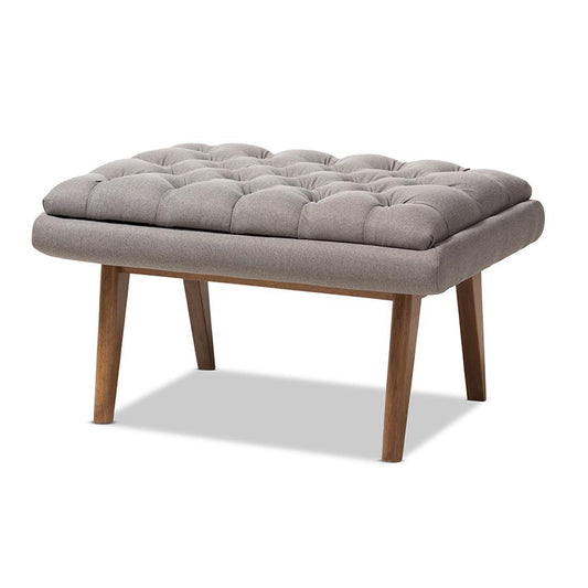 Annetha Mid-Century Modern Grey Fabric Upholstered Walnut Finished Wood Ottoman