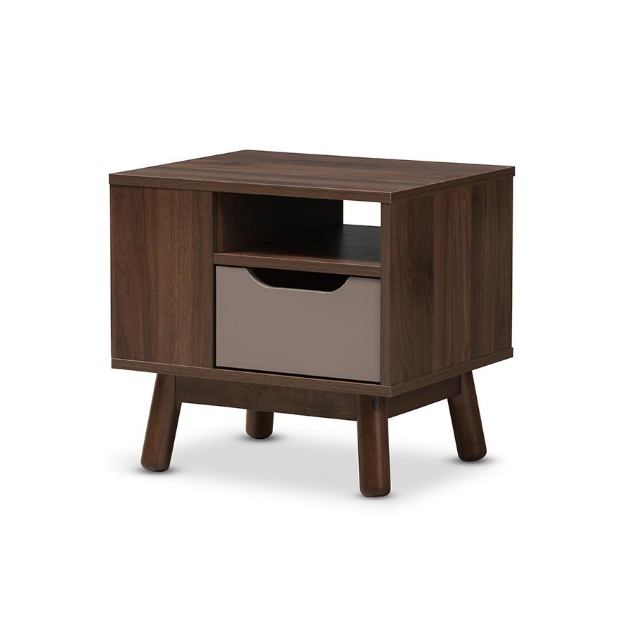 Walnut Brown and Grey Two-Tone Finished Wood Nightstand