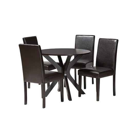 Asli Modern Espresso Brown Faux Leather and Wood 5-Piece Dining Set