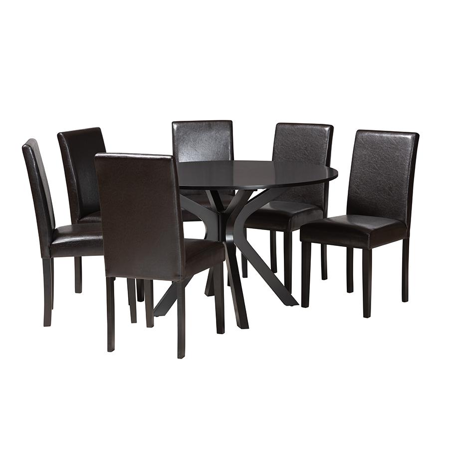 Asli Modern Espresso Brown Faux Leather and Wood 7-Piece Dining Set