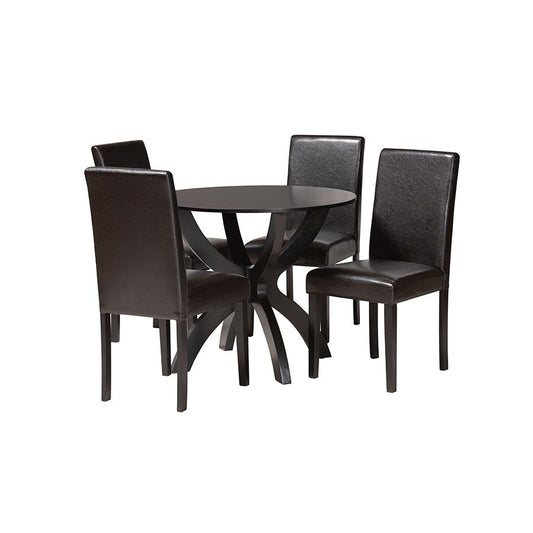 Trine Modern Espresso Brown Faux Leather and Wood 5-Piece Dining Set