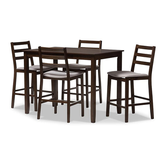 Walnut-Finished Light Grey Fabric Upholstered 5-Piece Pub Set