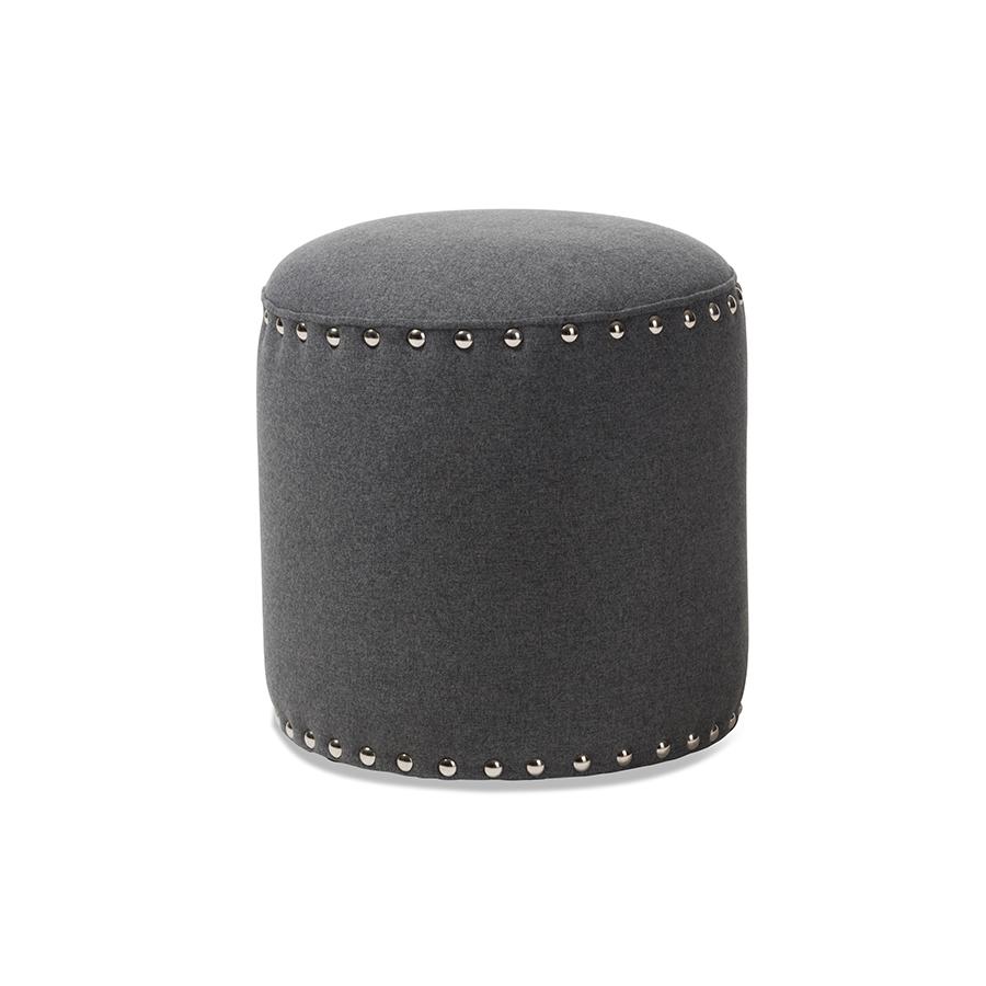 Rosine Modern and Contemporary Dark Grey Fabric Upholstered Nail Trim Ottoman