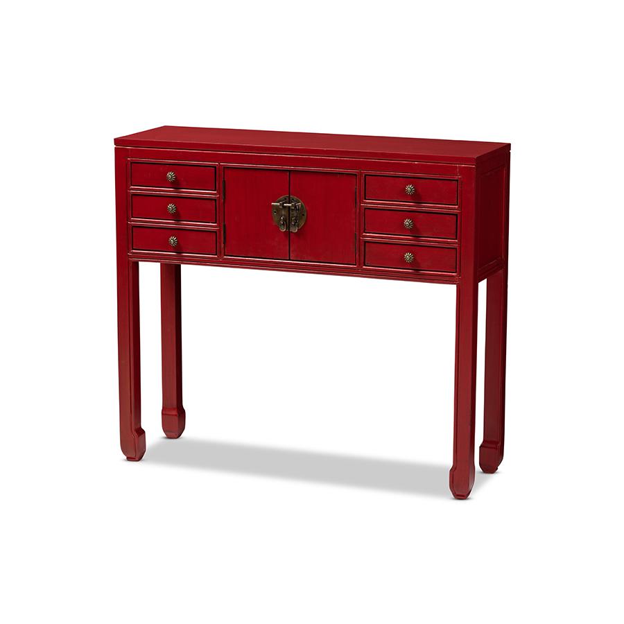 Antique Red Finished Wood Bronze Finished Accents 6-Drawer Console Table