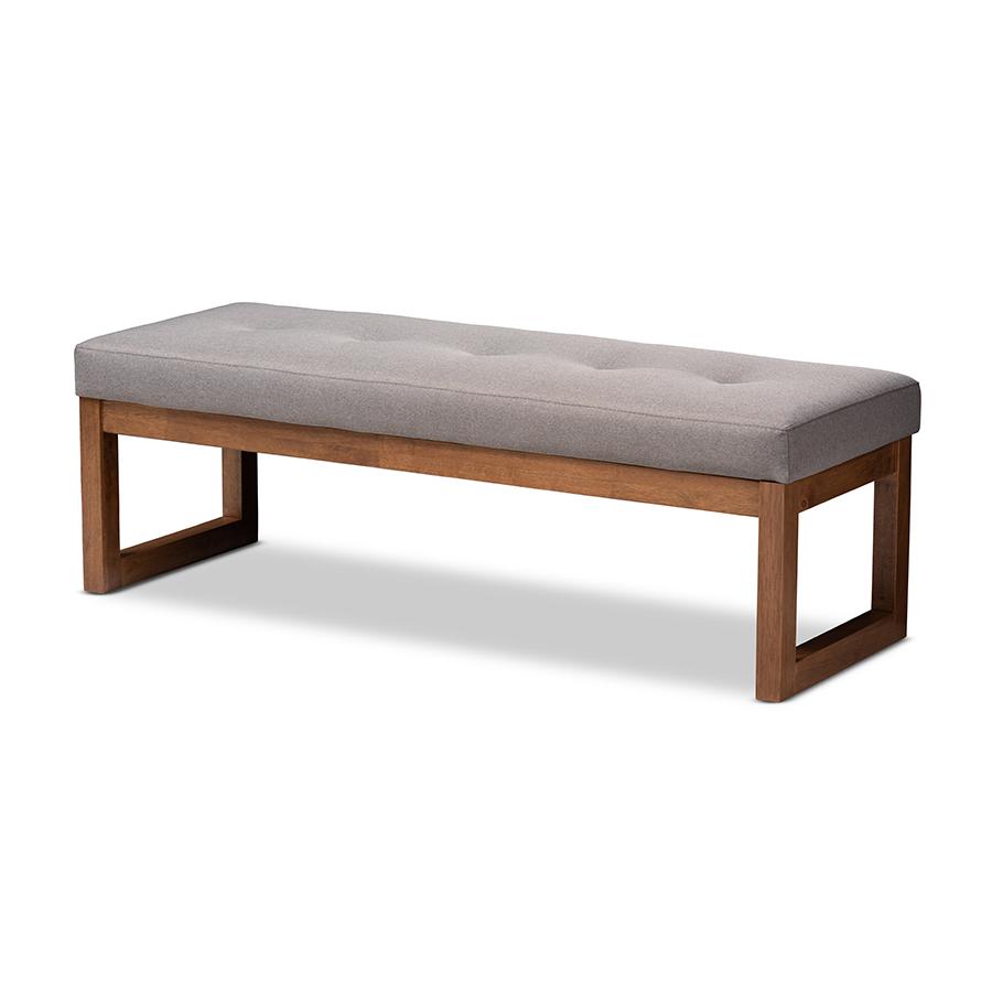 Grey Fabric Upholstered Walnut Brown Finished Wood Bench