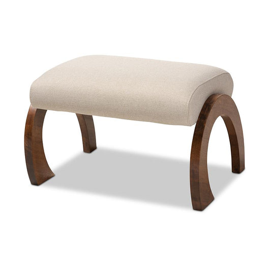 Light Beige Fabric Upholstered Walnut Brown Finished Wood Ottoman