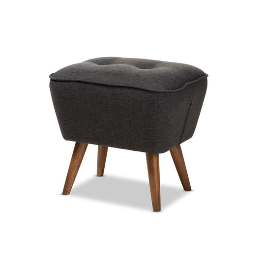 Dark Grey Fabric Upholstered Walnut Brown Finished Wood Ottoman