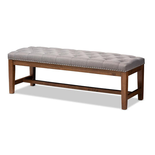 Grey Fabric Upholstered Walnut Finished Solid Rubberwood Bench