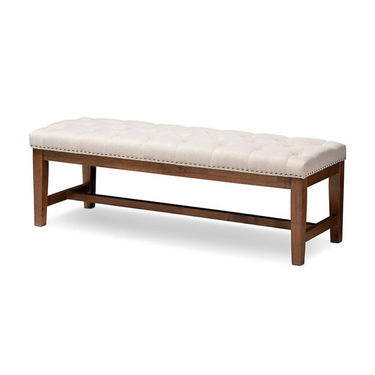 Light Beige Fabric Upholstered Walnut Finished Solid Rubberwood Bench