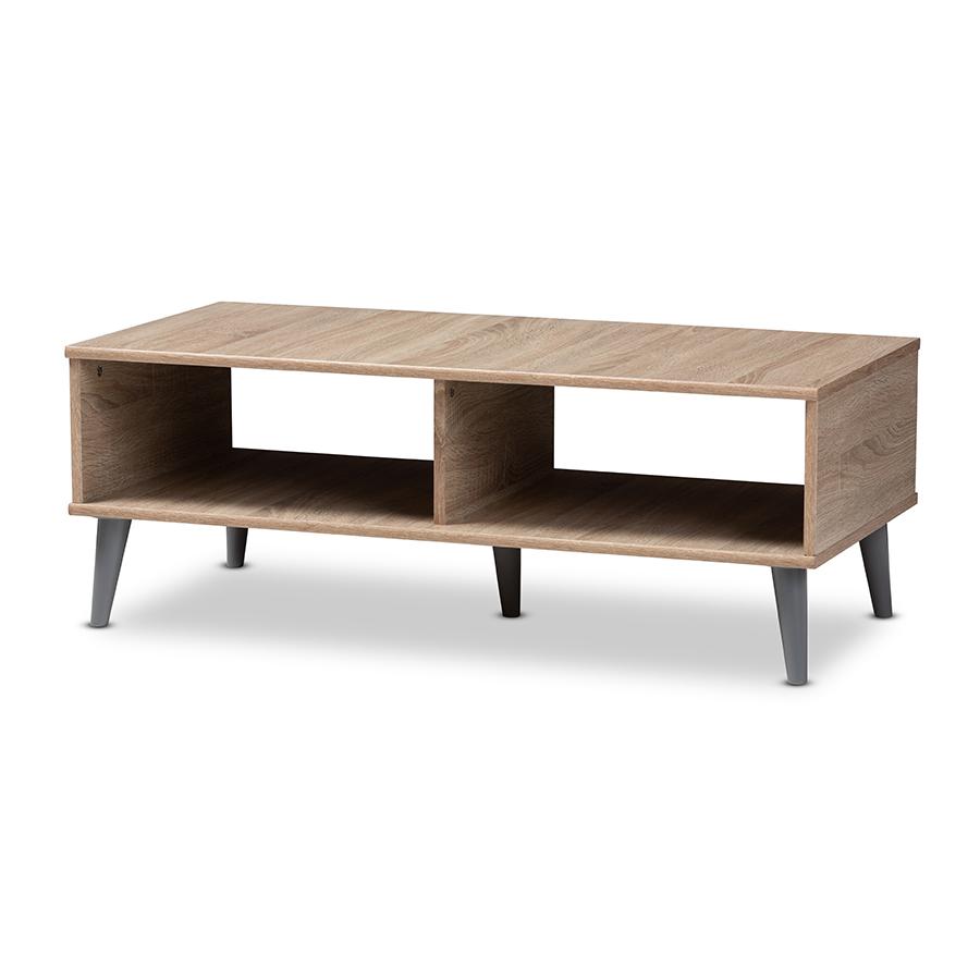 Pierre Mid-Century Modern Oak and Light Grey Finished Wood Coffee Table