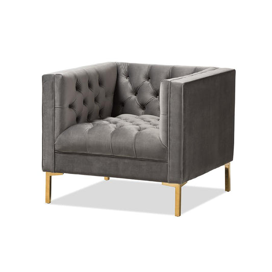 Zanetta Luxe and Glamour Grey Velvet Upholstered Gold Finished Lounge Chair