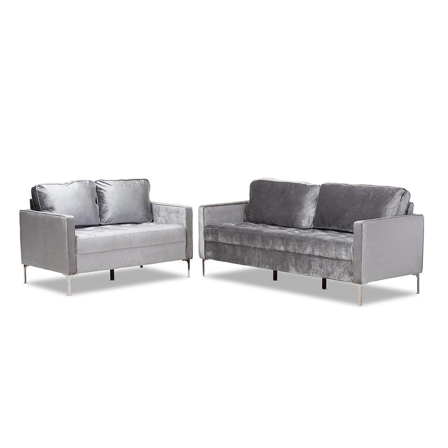 Grey Velvet Fabric Upholstered 2-Piece Living Room Set