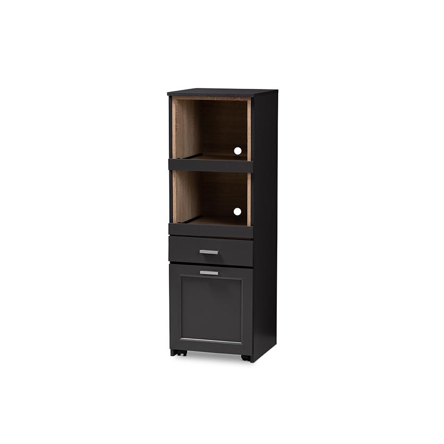 Dark Grey and Oak Brown Finished Kitchen Cabinet with Roll-Out Compartment