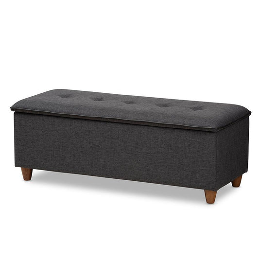 Marlisa Mid-Century Modern Walnut Finished Wood and Dark Grey Fabric Upholstered Button Tufted Storage Ottoman Bench