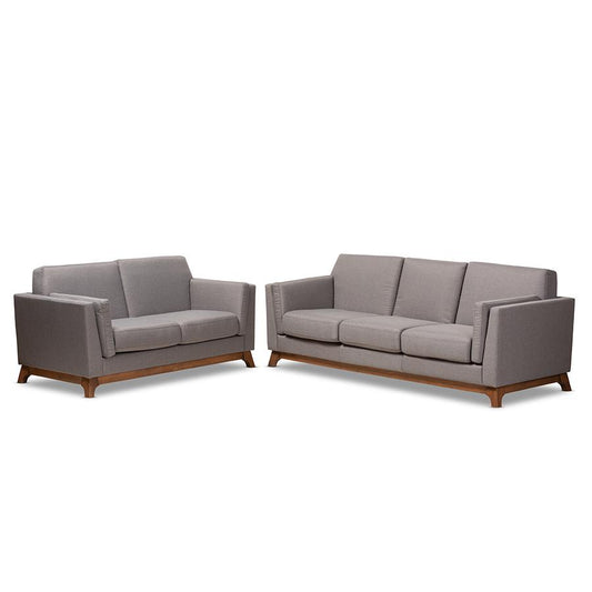 Grey Fabric Upholstered Walnut Wood 2-Piece Living Room Set