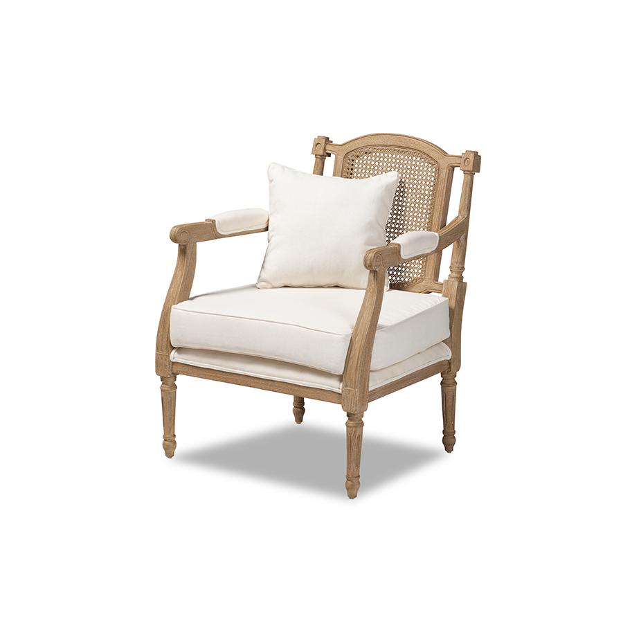 Clemence French Provincial Ivory Fabric Upholstered Whitewashed Wood Armchair