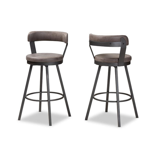 Arcene Rustic and Industrial Antique Grey Fabric 2-Piece Swivel Bar Stool Set