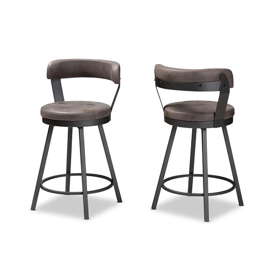 Arcene Rustic and Industrial Grey Fabric Upholstered 2-Piece Counter Stool Set