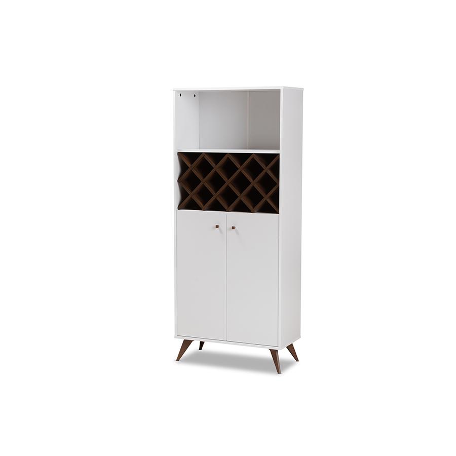 Serafino Mid-Century Modern White and Walnut Finished Wood Wine Cabinet