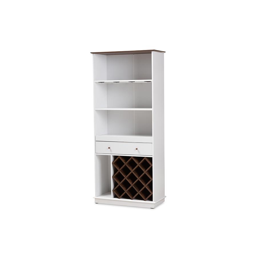 Mattia Mid-Century Modern White and Walnut Finished Wood Wine Cabinet