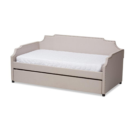 Beige Fabric Upholstered Twin Size Sofa Daybed with Roll Out Trundle Guest Bed