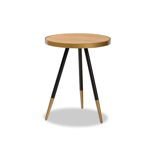 Round Walnut Wood and Metal End Table with Two-Tone Black and Gold Legs