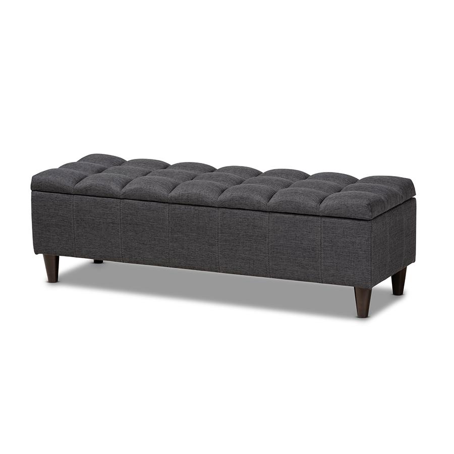 Charcoal Fabric Upholstered Dark Brown Finished Wood Storage Bench Ottoman