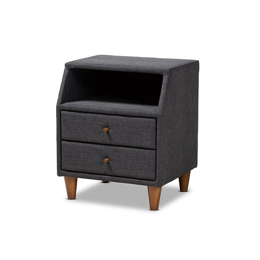 Claverie Mid-Century Modern Charcoal Fabric Upholstered 2-Drawer Wood Nightstand