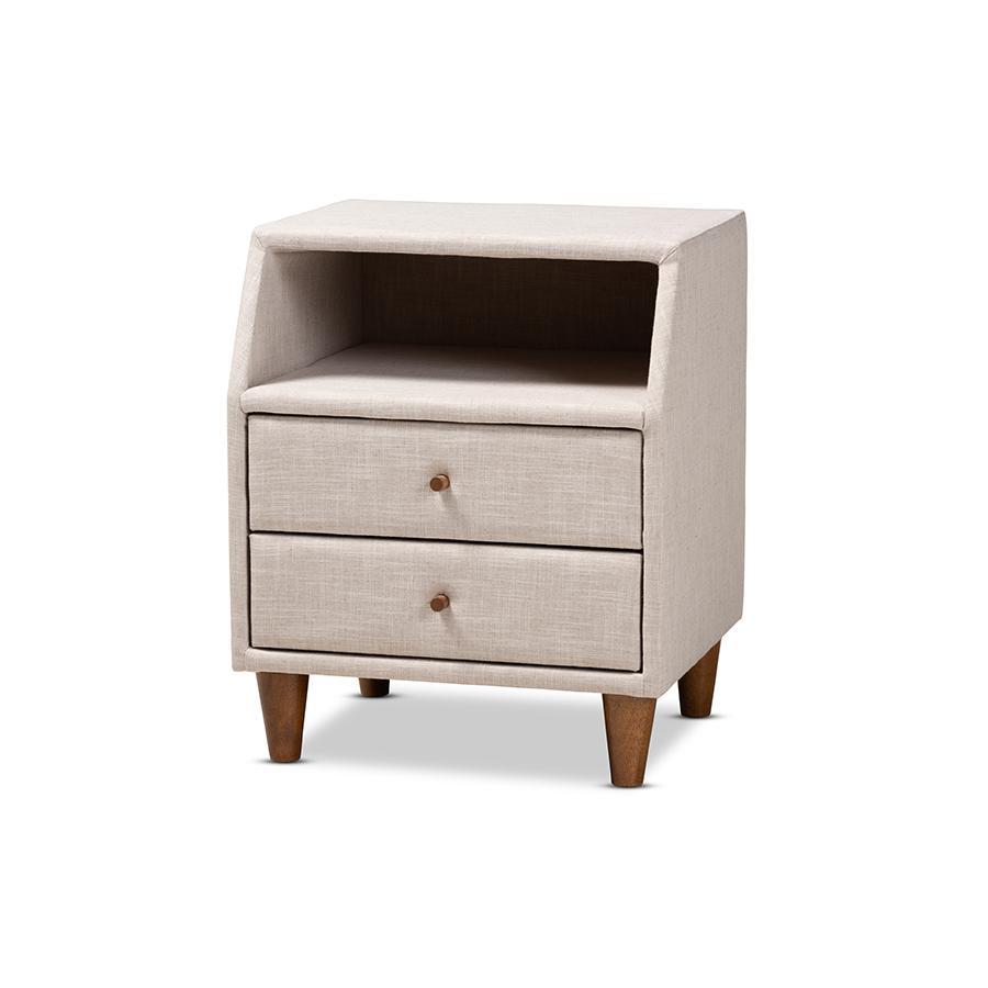 Claverie Mid-Century Modern Beige Fabric Upholstered 2-Drawer Wood Nightstand