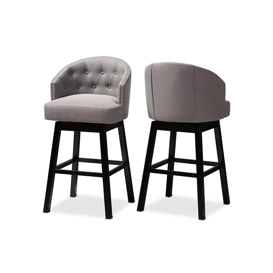 Theron Transitional Gray Fabric Upholstered Wood Swivel Bar Stool Set of 2