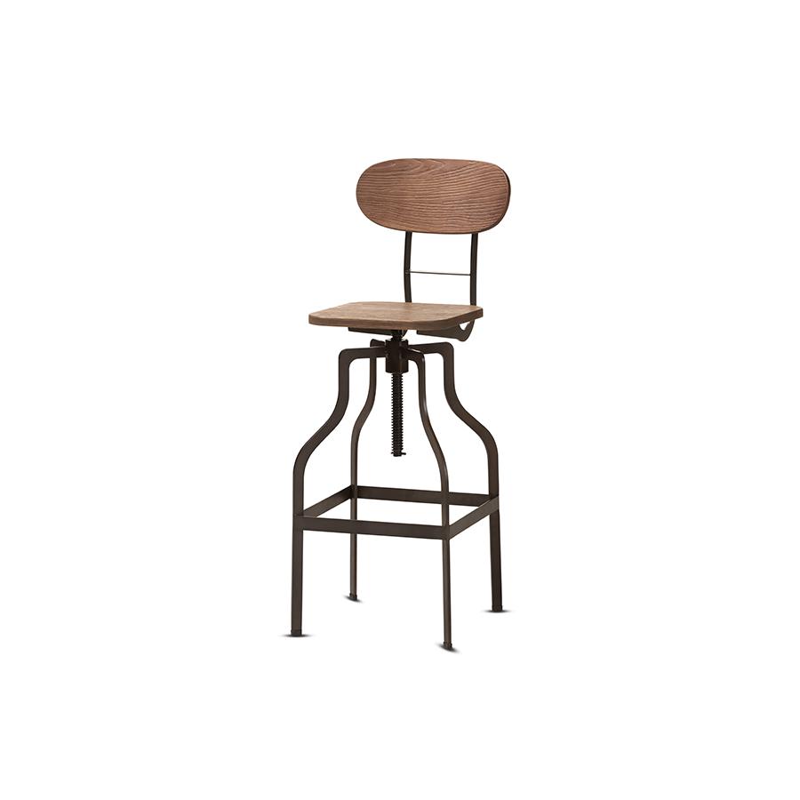 Wood and Rust-Finished Steel Adjustable Swivel Bar Stool