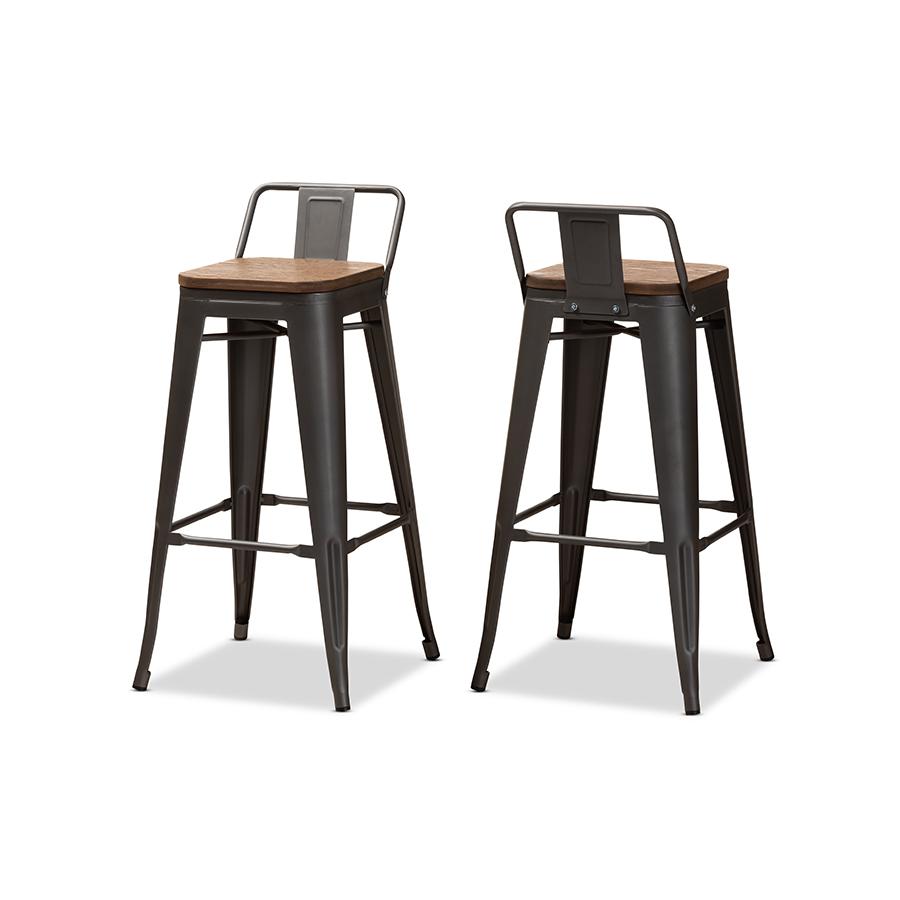 Bamboo and Gun Metal-Finished Steel Stackable Bar Stool with Backrest Set