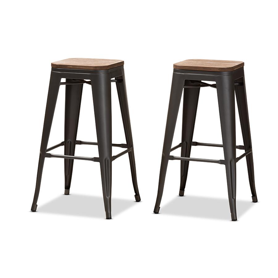 Tolix-Inspired Bamboo and Gun Metal-Finished Steel Stackable Bar Stool  Set