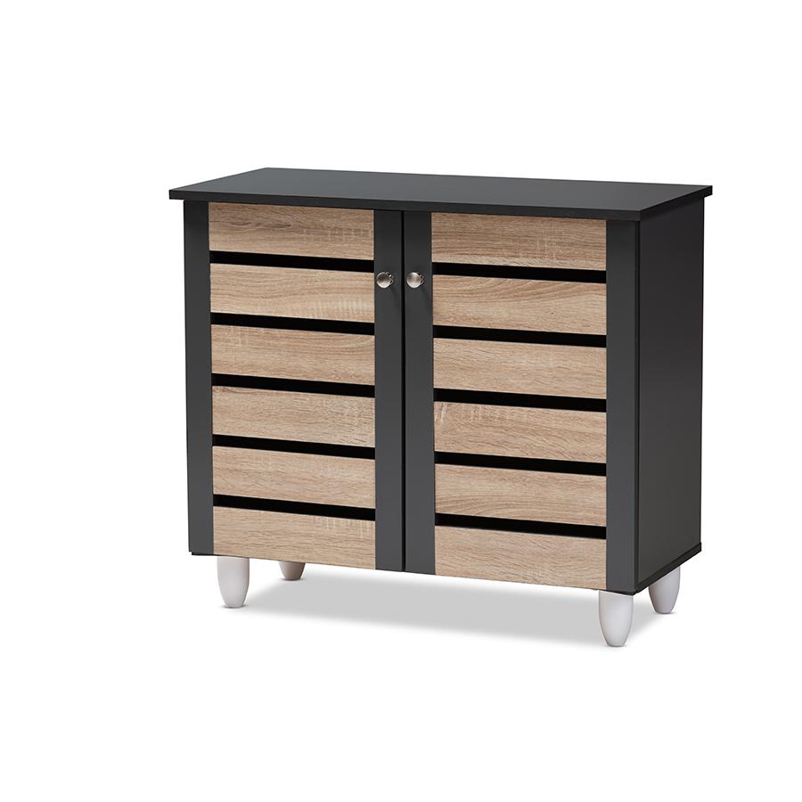 Two-Tone Oak and Dark Gray 2-Door Shoe Storage Cabinet