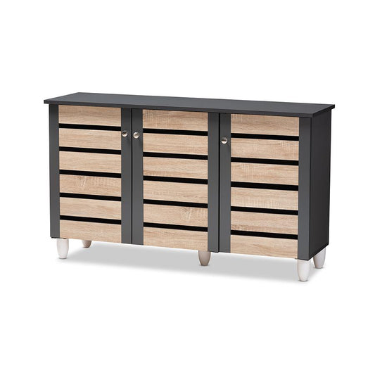 Two-Tone Oak and Dark Gray 3-Door Shoe Storage Cabinet